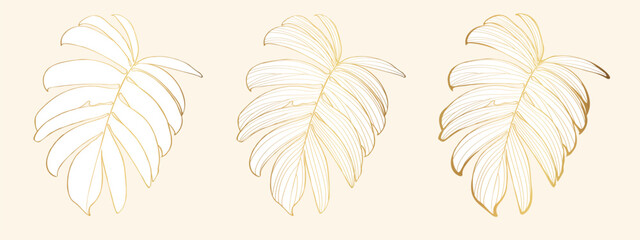 Luxury gold tropical line philodendron leaves set. Golden line art texture from palm leaves, Jungle leaves. © Iuliia