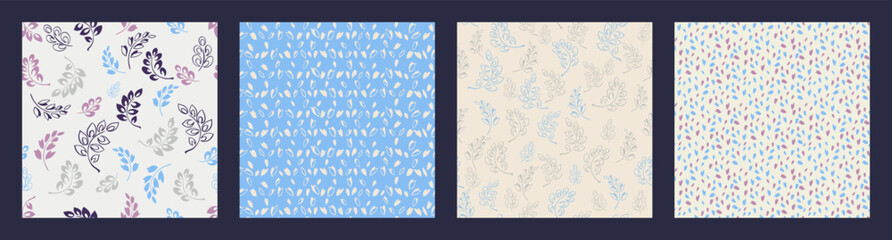 Collage of abstract square patterns tiny branches leaves, sketch drops, lines, striped, random dots. Trendy vector hand drawn seamless backgrounds pastel blue textured. Design for fabric, fashion