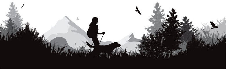 Vector silhouette of woman hiking with her dog in park with mountains in the background. Symbol of nature and wild.