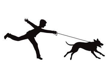 Vector silhouette of a dog pulling a boy on a white background. Symbol of pet and obedience.