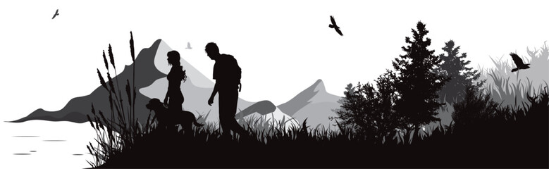 Vector silhouette of couple hiking with their dog in park with lake and mountains in the background. Symbol of nature and wild.