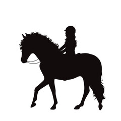 Vector silhouette of child riding a horse on white background. Symbol of animal and horse riding.