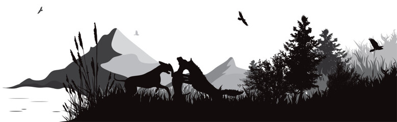 Vector silhouette of dogs in park with lake and mountains in the background. Symbol of nature and wild.