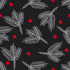 seamless christmas pattern with winter brunch and berries 