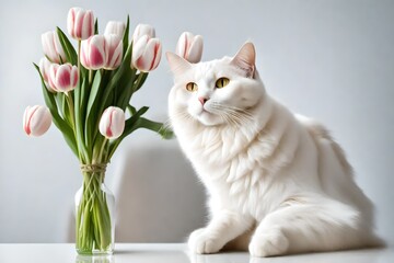 A beautiful white cat sits with bouquet of tulips, on a light background.