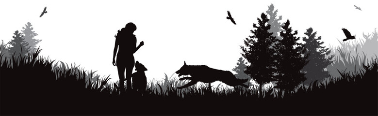 Obraz premium Vector silhouette of woman playing with her dogs in park. Symbol of nature and pet.