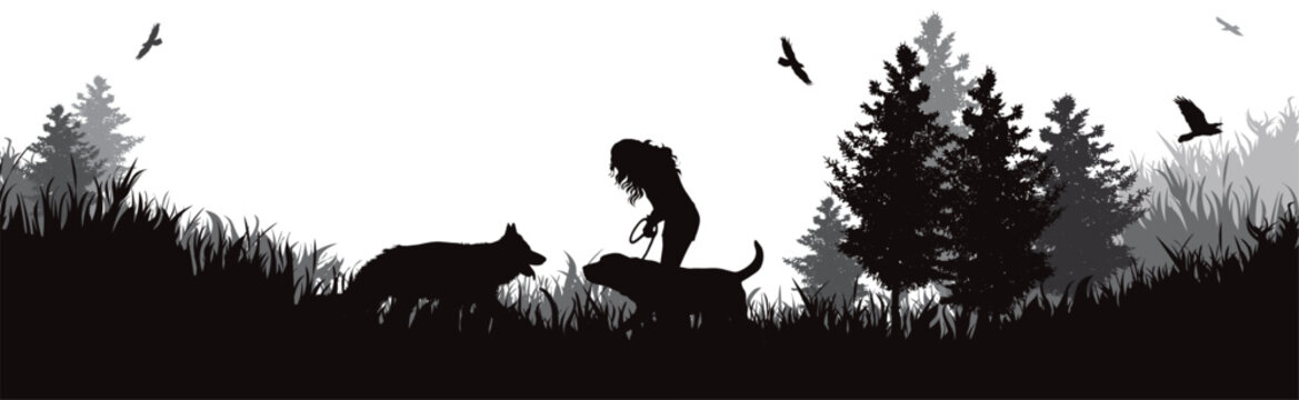 Vector silhouette of woman playing with her dogs in park. Symbol of nature and pet.