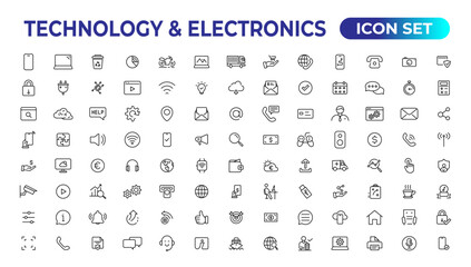 Fototapeta na wymiar Technology and Electronics and Devices web icons in line style. Device, phone, laptop, communication, smartphone, ecommerce. Vector illustration.
