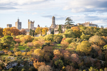 Uzès city of Art and History, general view in autumn. Photography taken in France