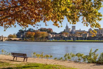 General view of Avignon city and his bridge over Rhone river, in autumn. Photography taken in France