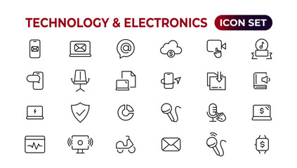 Technology and Electronics and Devices web icons in line style. Device, phone, laptop, communication, smartphone, ecommerce. Vector illustration.