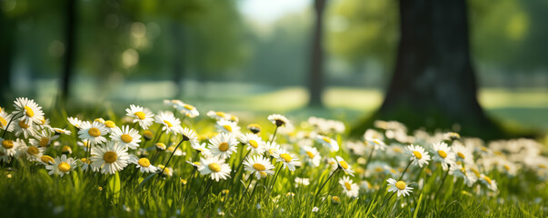 Beautiful spring park with daisy flowers, fresh green grass and trees.