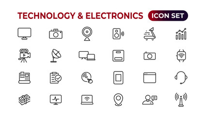 Technology and Electronics and Devices web icons in line style. Device, phone, laptop, communication, smartphone, ecommerce. Vector illustration.