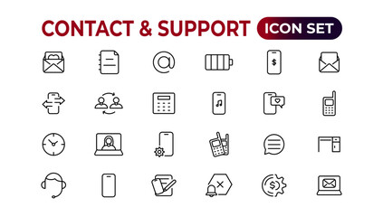 Contact and support web icons in line style. Web and mobile icon. Chat, support, message, phone. Vector illustration.
