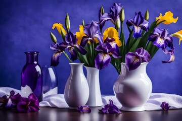 A bouquet of fresh flowers. a couple of vases with iris flowers in them on a table with a purple background and a white vase with purple flowers