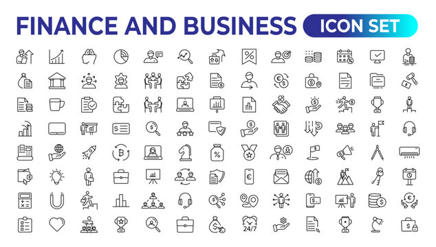 Finance And Business Line Icons Collection. Big UI Icon Set In A Flat Design. Thin Outline Icons Pack. Vector Illustration.