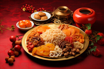 Concept picture for Chinese new year table set up and traditional Chinese dishes on red background with Chinese word means fortune.