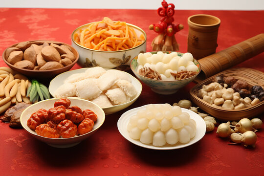 Concept picture for Chinese new year table set up and traditional Chinese dishes on red background with Chinese word means fortune.
