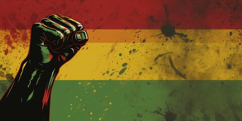 Abstract background of clenched fists in red, yellow, green colors small below and free space above with justice themed background for elegant solid color african american, 12k 