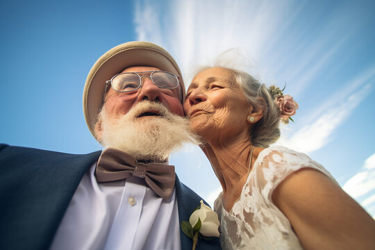 AI generated picture of two happy people celebrate wedding party on a sunny summer day in town