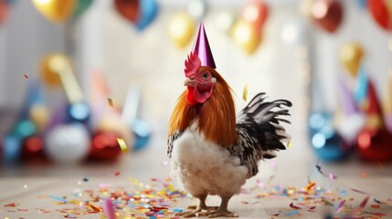 Happy cute animal friendly chicken wearing a party hat celebrating at a fancy newyear or birthday party festive celebration greeting with bokeh light and paper shoot confetti surround happy lifestyle - obrazy, fototapety, plakaty