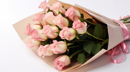 A bouquet of pink and white roses wrapped in paper is placed on the ground, at a 45 degree angle, on a pure white background, photography
