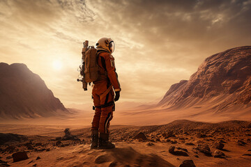 Astronaut wearing space suit walking on a surface of a red planet mars generative AI picture