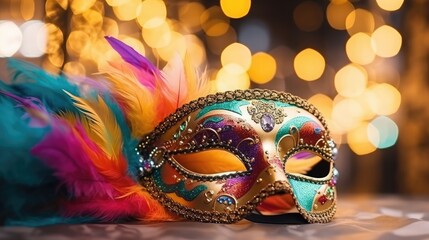 A colorful mask adorned with feathers and sequins hangs on the wall, ready to be worn for a festive celebration, Wide Angle Lenses, surrounding blur, stippling, FHD, hyper quality