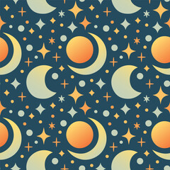 Solar Eclipse seamless pattern in flat cartoon style for kids education at school, stickers, scrapbooking, nursery room
