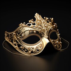 A golden and elegant masquerade minimal mask with a black background, golden details, maximun texture, maximun material, golden party beads, verticle image, 