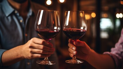 A man and a woman holding wine glasses, focus on glasses closeup, 