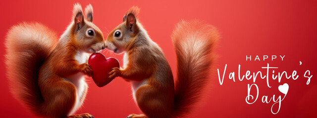 Happy Valentine's Day, Valentines Day, love, celebration concept greeting card - Cute red squirrel couple holding a red heart , isolated on red background