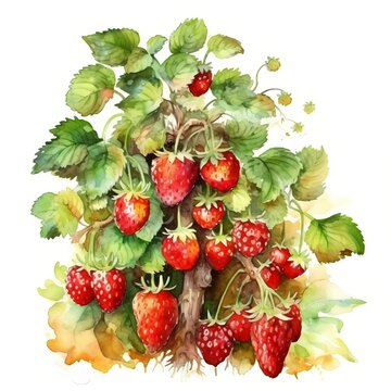 strawberries tree watercolor painting style