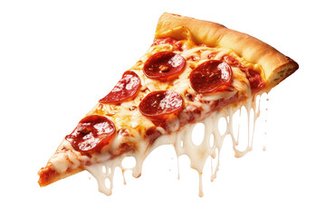 A hot pizza slice with dripping melted cheese. Isolated on white background