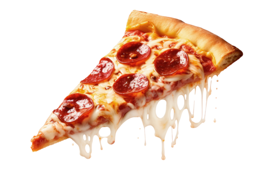 A hot pizza slice with dripping melted cheese. Isolated on white background