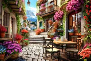 Floral Village Pathway in the Mountains