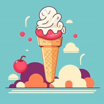 cute colorful ice cream cone in simple cartoon 2d digital art illustration