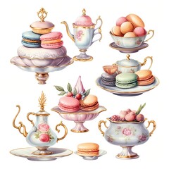 high detailed afternoon tea set drawing in pastel color watercolor painting - obrazy, fototapety, plakaty