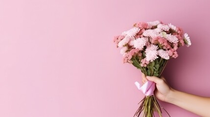 Close up cropped photo of male hold in hands bouquet of flowers isolated on pastel pink wall background. Copy space advertising mock up. Valentine's Day Women's Day birthday holiday party concept