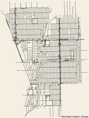 Fototapeta premium Detailed hand drawn navigational urban street roads map of the WASHINGTON HEIGHTS COMMUNITY AREA of the American city of CHICAGO, ILLINOIS with vivid road lines and name tag on solid background