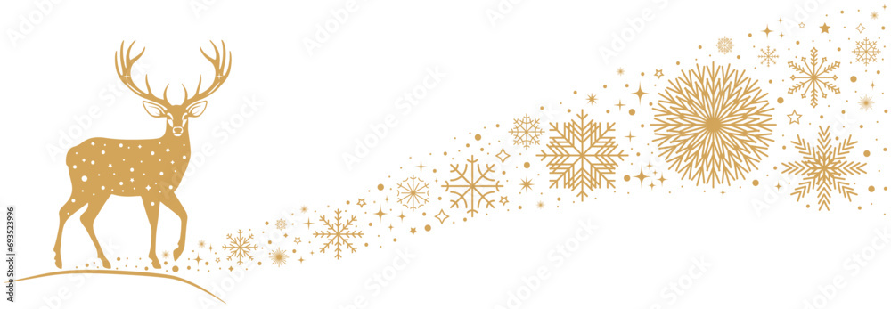 Poster christmas card with deer silhouette and golden snowflakes border. abstract new year eve landscape ba