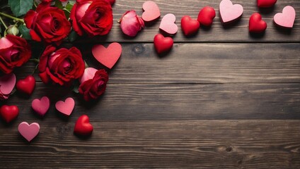 Website Banner, Valentine's Day Themed Wooden Background, Top View, Copy Space for Text