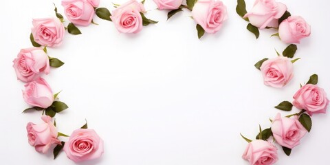 Decorative frame with pink bright roses on white background. Flat lay