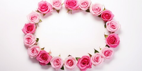 Decorative frame with pink bright roses on white background. Flat lay