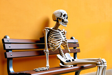 A person sitting down on a bench turns into skeleton waiting for someone too long. Concept for long waiting time, slow service, lateness, failed appointments, stood up, abandoned, alone, no one came. - obrazy, fototapety, plakaty