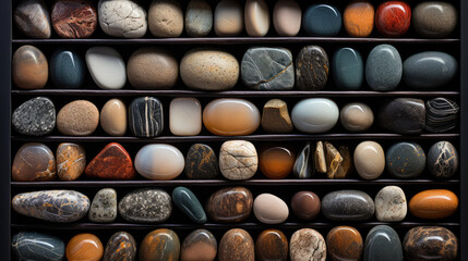 Top view of natural stones storage box, Collecting natural stone, petrophilia. Different types and textures of stones.