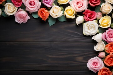 Top view pastel color Valentine's day hearts and natural flowers on black wooden background, greeting card copy space for text.