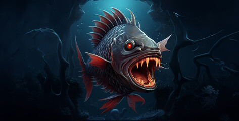 a fish design dark style with long teeth, scary halloween skull with sword - obrazy, fototapety, plakaty