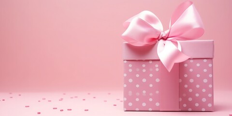 Pink polka dot gift or present box on a pink background with a bow and ribbon and flowers rose, creating a romantic atmosphere. Used for birthday, anniversary presents. High quality photo  - Powered by Adobe
