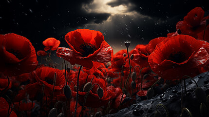 red poppy flowers against a dramatic black sky - obrazy, fototapety, plakaty